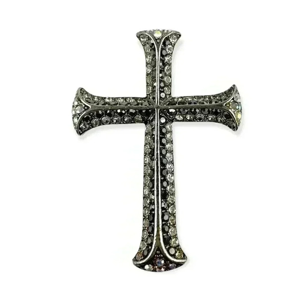 Clear Rhinestone Metal Cross Brooch Pin Pendant - Picture 1 of 8